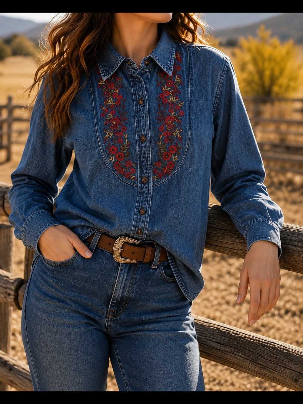 Vintage Eddie Bauer Embroidered Denim Shirt Floral Western Size L